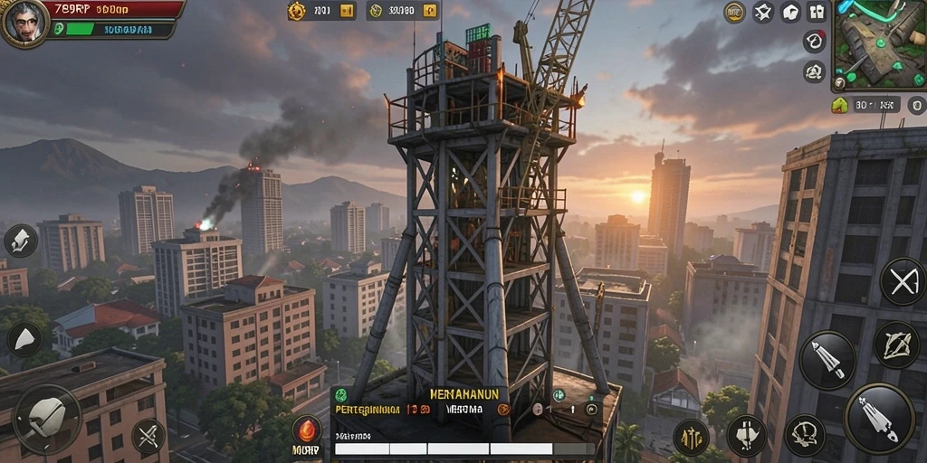 Screenshot gameplay 789RP menunjukkan pertahanan menara melawan gelombang musuh.