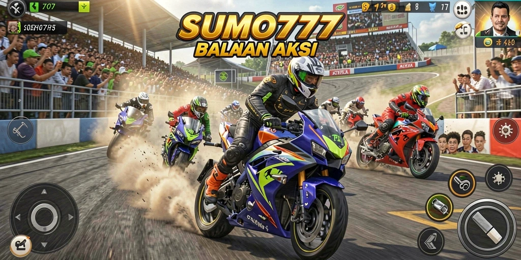 Tampilan menarik dari gameplay balapan motor SUMO777 yang mendebarkan.