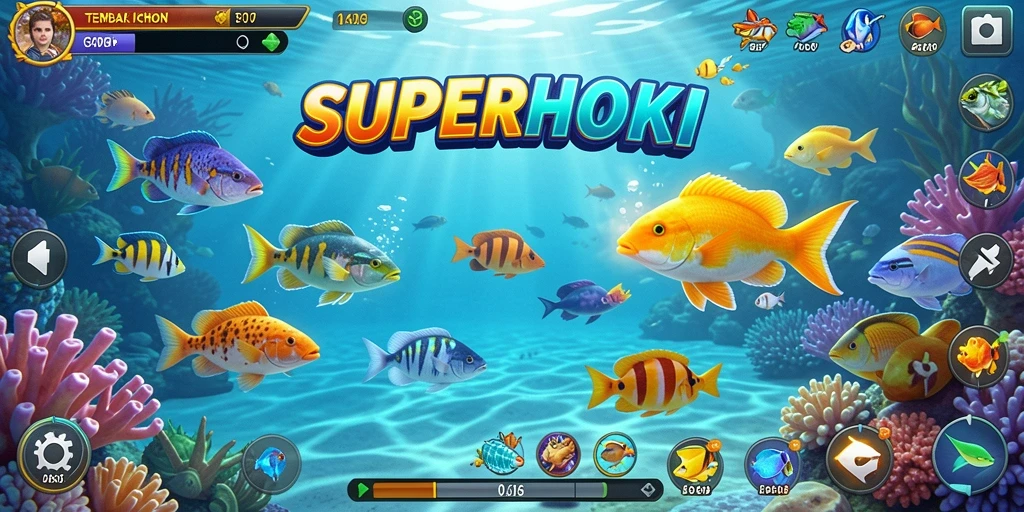 Screenshot gameplay SUPERHOKI menampilkan aksi seru menembak ikan.